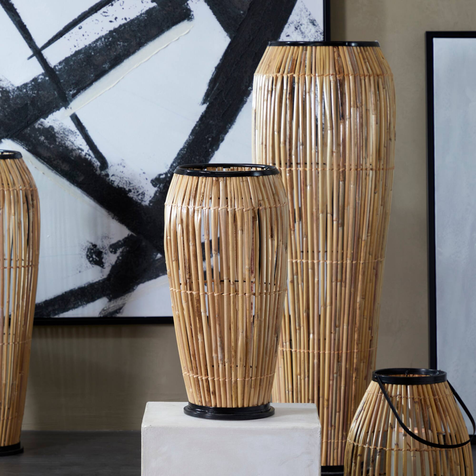 Brown Wicker Handmade Slatted Frame Vase with Black Metal Accents